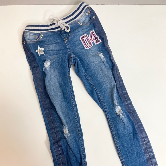 Justice Size 8 Girls Jeans Pull On Drawstring Simply Low Embellished Distressed - Picture 11 of 12